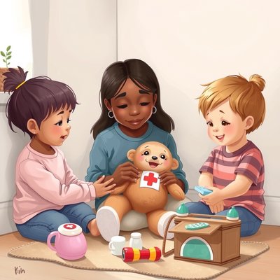 Ilustracja sceny: Dzieci ćwiczą pierwszą pomoc