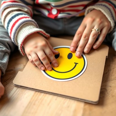 Zbliżenie: rączki dziecka przyklejające naklejkę