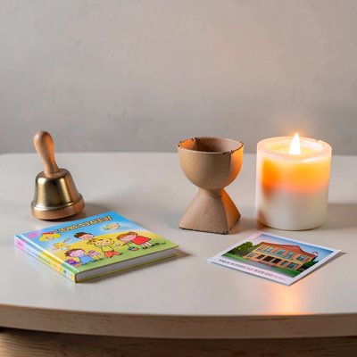 Rekwizyty stacji — dzwonek, książka, kielich, świeczka LED