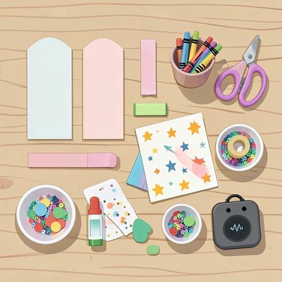Ilustracja: materiały plastyczne i bezpieczne nożyczki