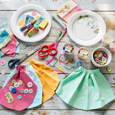 Materiały do ozdabiania papierowych spódniczek — flat lay