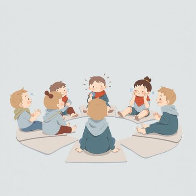 Scena kończąca: uspokojenie — siedzące dzieci z chustami i shakerem