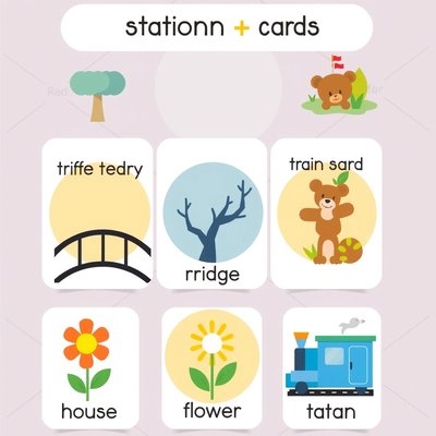 Karty stacji (drzewo, miś, most)