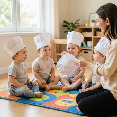 Powitanie — dzieci w półokręgu z papierowymi kapeluszami