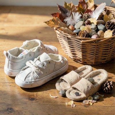 Zdjęcie rekwizytów: buty i koszyk z naturalnymi materiałami