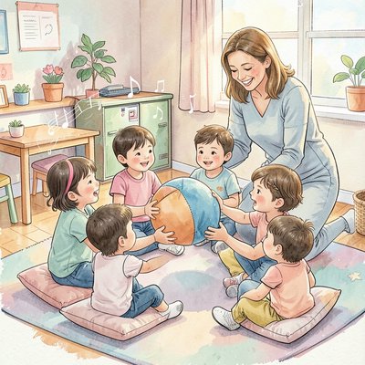 Ilustracja zabawy 'Przekaż miękką piłeczkę'