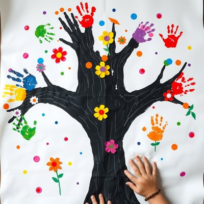 Przykład pracy plastycznej — paluszkowe kwiaty na drzewku