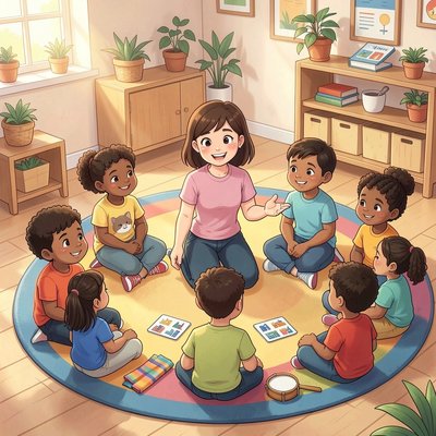 Ilustracja powitania — dzieci w kręgu