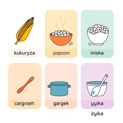 Karty obrazkowe — zestaw (kukurydza, popcorn, miska, garnek, łyżka)