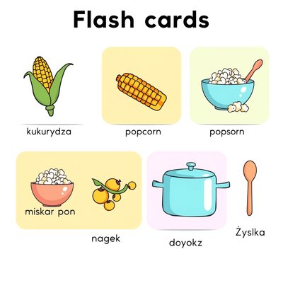 Karty obrazkowe — zestaw (kukurydza, popcorn, miska, garnek, łyżka)