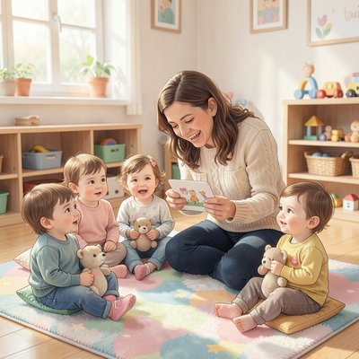 Scena powitania — półokrąg dzieci z opiekunem