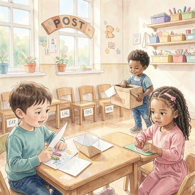 Ilustracja: Dzieci wysyłające listy — scena zabawy