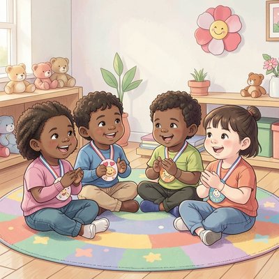 Ilustracja grupowa: dzieci z odznakami