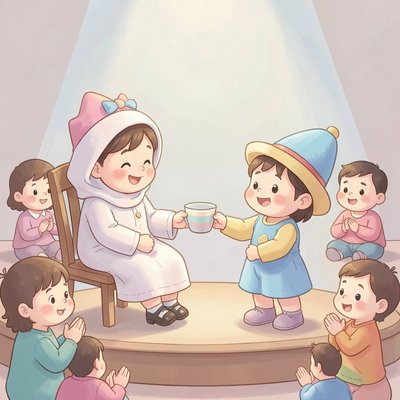 Mini-scenka — dzieci w kostiumach odgrywają wizytę u dziadka (ilustracja)