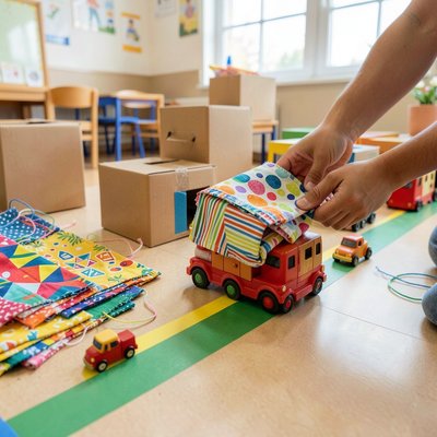 Stacja 3 — Transport i tkaniny (trasa i samochodziki)