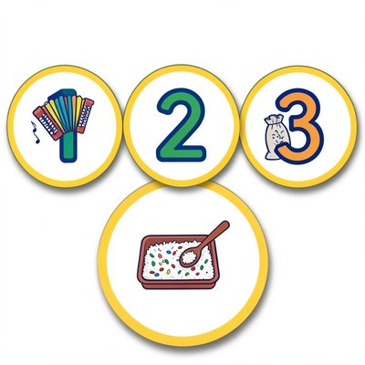 Obrazkowe tabliczki z numerami stacji (1–3)