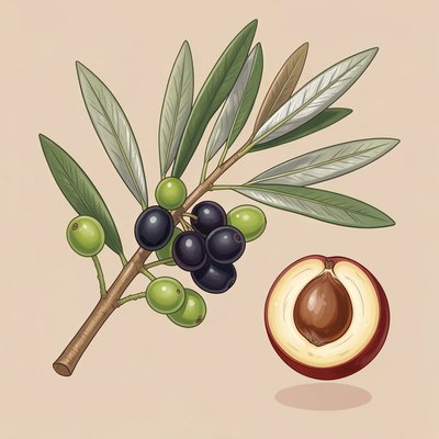 Ilustracja detali: liście i owoce oliwki