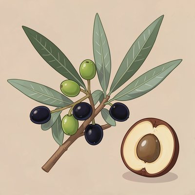 Ilustracja detali: liście i owoce oliwki