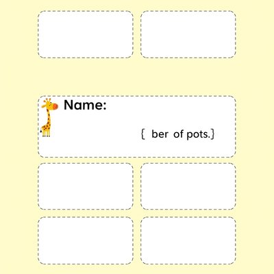 Metryczka pracowni — etykieta z imieniem i liczbą łat