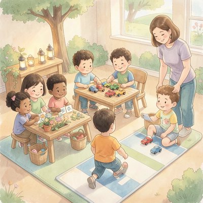 Ilustracja stacji zajęć — dzieci liczą i sortują