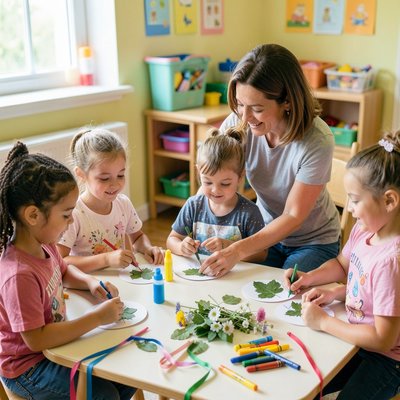 Scena: dzieci 5–6 lat tworzą medale — ujęcie w klasie