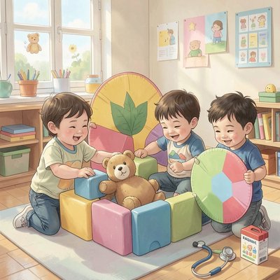 Ilustracja sceny: Budowanie domku zdrowia i zabawa w lekarza