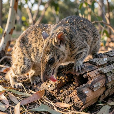 Numbat w akcji — szukanie pokarmu w kłodzie