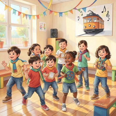 Ilustracja grupowa — dzieci tańczą jak tramwaj