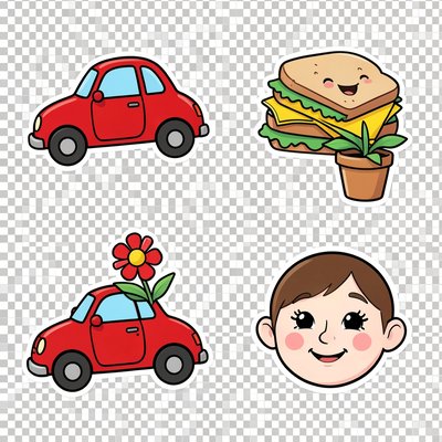 Ilustracje produktów dla stoisk (zabawka, kanapka, kwiatek, malowanie twarzy)