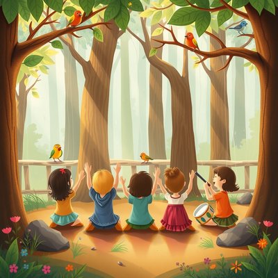 Ilustracja scenki leśnej — muzyczna opowieść