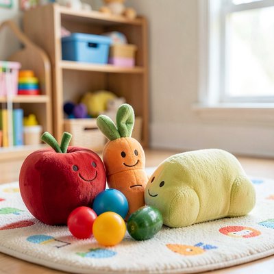Zestaw pluszaków i plastikowych owoców — aranżacja