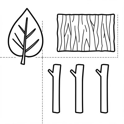 Materiały dotykowe — liść, kora, patyk (szablon)