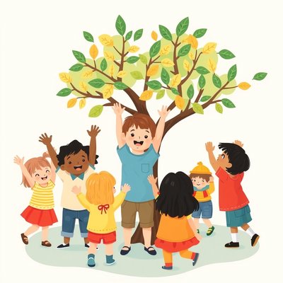 Obrazek: Dzieci udające drzewa — scena zabawy ruchowej