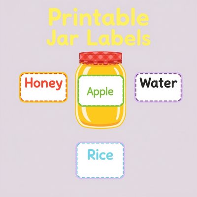 Etykiety do pojemniczków: Miód, Woda, Jabłko, Ryż