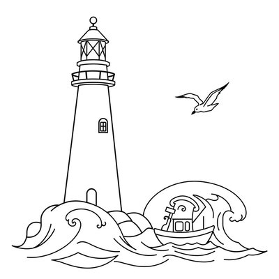 Strona kolorowanki: latarnia i statek (A4)
