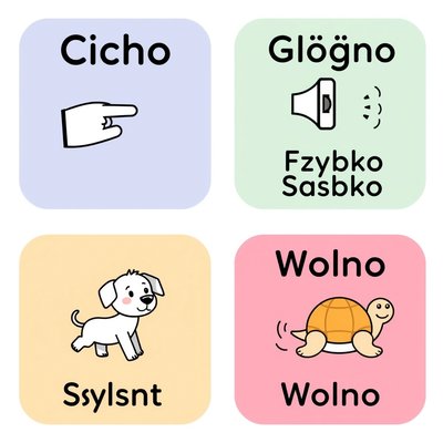 Karty z komendami: Cicho / Głośno / Szybko / Wolno
