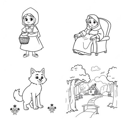 Kolorowanki: Kapturek, Babcia, Wilk, Las (kontury)