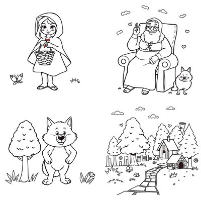 Kolorowanki: Kapturek, Babcia, Wilk, Las (kontury)