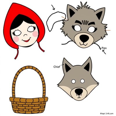 Szablony masek i rekwizytów do druku (Kapturek, Babcia, Wilk, chustka, koszyk)