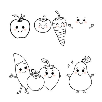 Strona do kolorowania — postacie owoców i warzyw