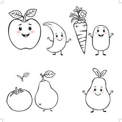 Strona do kolorowania — postacie owoców i warzyw