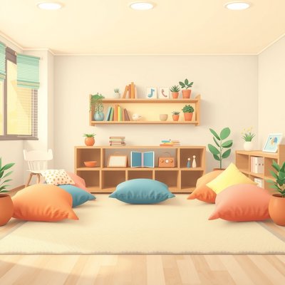 Obrazek: kącik relaksu z miękkimi poduszkami i odtwarzaczem muzyki