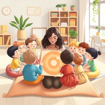Scena: dzieci w kole na miękkich poduszkach
