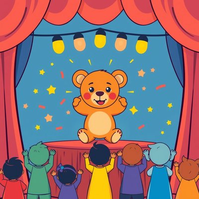 Ilustracja pacynkowego przedstawienia — misio na scenie