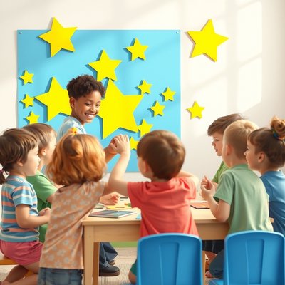 Ilustracja dzieci przyklejających gwiazdki