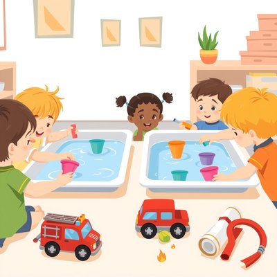 Ilustracja sceny: Zabawy wodne — małe strażaki