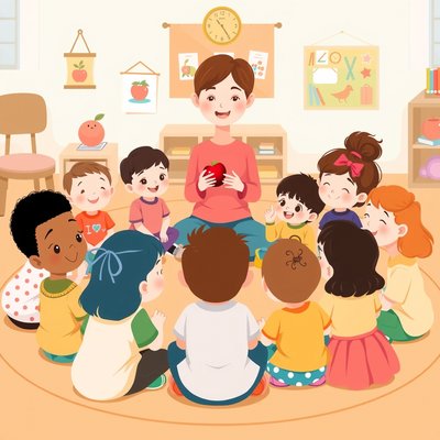 Ilustracja: dzieci w kręgu z jabłkami