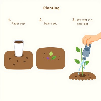 Ilustracja krok po kroku — sadzenie nasionka w kubeczku