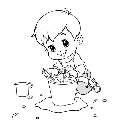 Kolorowanka: Dziecko sadzi nasionko