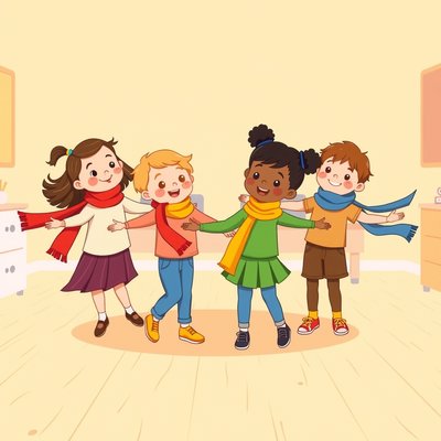 Dzieci tańczące z chusteczkami (ilustracja)